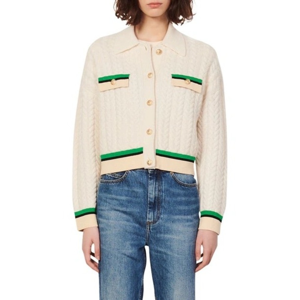 Sandro Idriss Wool Cable Knit Boxy Collared Cardigan Sweater Cream 0/XS fits M